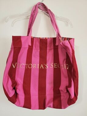 Victoria's Secret Pink and Red Striped Canvas Tote